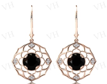 Antique Black Onyx Earrings Art Deco Lotus Wedding Earrings 14k Gold Vintage Dangle Drop Earrings Black Gemstone Earrings Gift For Women