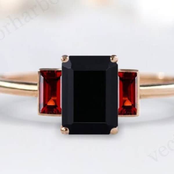 14k Gold Black Onyx Engagement Ring Emerald Cut Black Onyx Wedding Ring Unique Three Gemstone Ring Vintage Bridal Anniversary Ring For Women