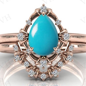 Vintage Turquoise Engagement Ring Set 14k Gold Turquoise Wedding Ring Set Pear Shaped Turquoise Bridal Anniversary Ring Set Gift For Women