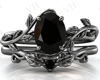 Vintage Black Onyx Engagement Ring Set 925 Silver Black Onyx Art Deco Wedding Ring Set Women Leaf Style Antique Black Onyx Bridal Ring Set