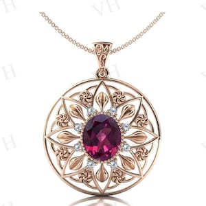 Raspberry Rhodolite Garnet Pendant Antique Floral Style Pendant Art Deco Rhodolite Garnet Wedding Pendant Rose Gold Pendant Necklace For Her