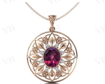 Raspberry Rhodolite Garnet Pendant Antique Floral Style Pendant Art Deco Rhodolite Garnet Wedding Pendant Rose Gold Pendant Necklace For Her