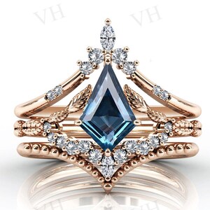 Antique London Blue Topaz Engagement Ring Set For Women Art Deco Kite Shaped Leaf Style Wedding Ring Set Unique Blue Topaz Bridal Ring Set
