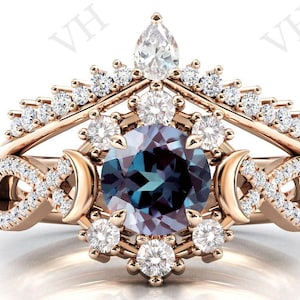 Moon Of My Life Alexandrite Engagement Ring Set 14k Rose Gold Alexandrite Art Deco Wedding Ring Set Alexandrite Bridal Anniversary Ring Set