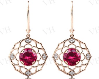 Red Ruby Earrings For Women Unique Lotus Style Earrings Red Gemstone Earrings Art Deco Wedding Earrings Dangle Drop Earrings Gift For Women