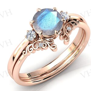 Vintage Labradorite Engagement Ring Set 14k Gold Art Deco Filigree Engagement Band Antique Blue Fire Labradorite Wedding Ring Set For Women