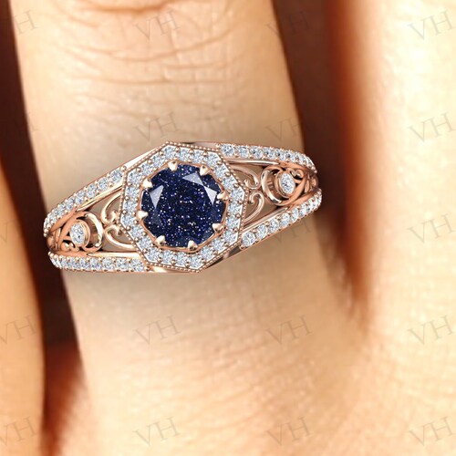 Shops Vintage Blue Sandstone Engagement Ring 14k Gold Art Deco Sandstone Wedding Ring Antique Filigree Bridal Anniversary Promise Ring For Women