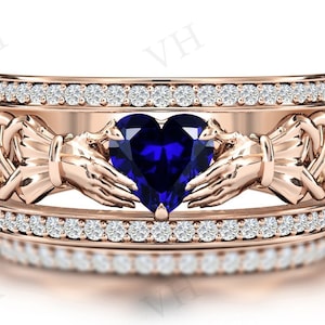 Hartvormige blauwe saffier verlovingsring antieke Claddagh-stijl bruidsring Art Deco Claddagh trouwring verjaardagscadeau voor vrouwen
