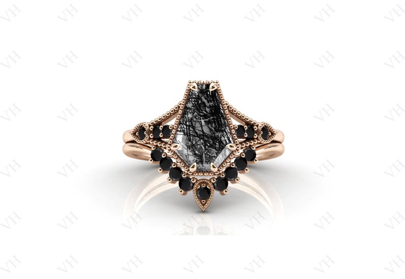 Art Deco Coffin Shaped Black Rutile Engagement Ring Set Vintage Black Rutilated Quartz Ring Set 925 Silver Rutile Antique Wedding Ring Set image 10