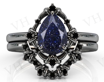 Antique Blue Sandstone Engagement Ring Set 925 Silver Art Deco Blue Sandstone Wedding Ring Set Pear Shaped Unique Bridal Ring Set For Women
