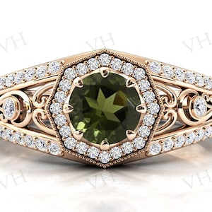 Vintage Moldavite Engagement Ring 14k Rose Gold Moldavite Wedding Ring Art Deco Bridal Promise Ring Antique Filigree Wedding Ring For Women