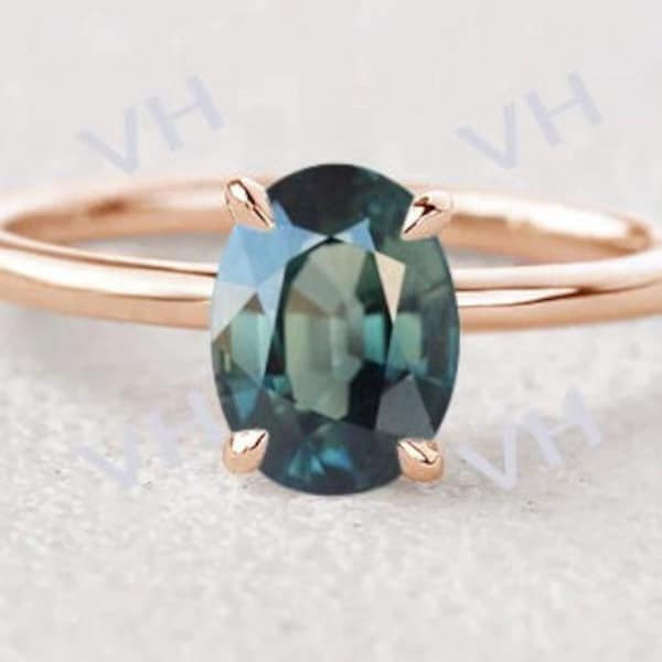 Teal Sapphire Engagement Ring Color Changing Gemstone Ring Unique Green Blue Sapphire Solitaire Wedding Ring For Women Vintage Bridal Gift