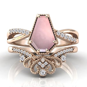 Antieke kistvormige rozenkwarts verlovingsring set art deco filigraan ontwerp trouwring set 2-delige vintage bruids jubileum ring set