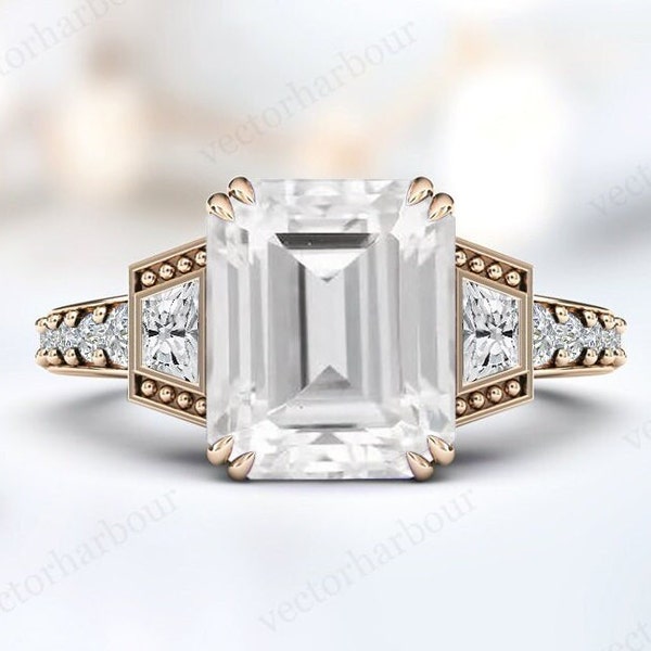 Vintage White Topaz Engagement Ring For Women Emerald Cut White Topaz Wedding Ring Art Deco White Gemstone Ring Antique Bridal Promise Ring