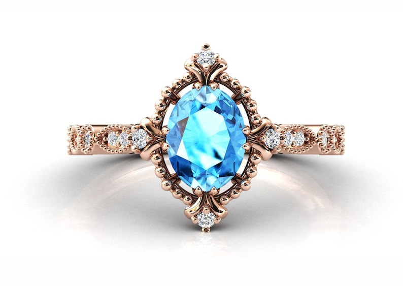 14k Rose Gold Swiss Blue Topaz Engagement Ring Antique Art Deco shops Topaz Wedding Ring Vintage Topaz Bridal Anniversary Promise Ring For Women