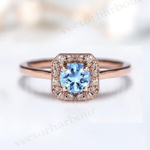 Sky Blue Topaz Halo Wedding Ring For Women Art Deco Dainty Engagement Ring Rose Gold Blue Topaz Bridal Promise Ring Unique Minimalist Ring