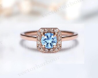 Sky Blue Topaz Halo Wedding Ring For Women Art Deco Dainty Engagement Ring Rose Gold Blue Topaz Bridal Promise Ring Unique Minimalist Ring