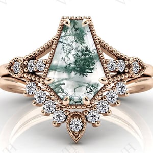 Vintage Green Moss Agate Engagement Ring Set Rose Gold Moss Agate Wedding Ring Set Art Deco Coffin Shaped 2pcs Bridal Anniversary Ring Set