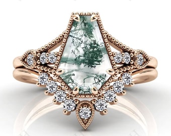 Set di anelli di fidanzamento vintage in agata muschiata verde, set di anelli di nozze in agata muschiata in oro rosa, set di anelli di anniversario di nozze a forma di bara Art Déco da 2 pezzi