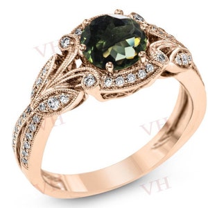 14k Gold Moldavite Engagement Ring Green Gemstone Wedding Ring Art Deco Moldavite Engagement Ring Antique Bridal Anniversary Ring For Women