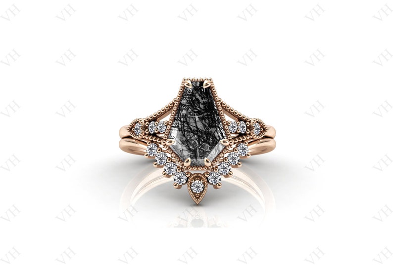 Art Deco Coffin Shaped Black Rutile Engagement Ring Set Vintage Black Rutilated Quartz Ring Set 925 Silver Rutile Antique Wedding Ring Set image 4