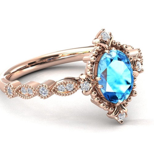 14k Rose Gold Swiss Blue Topaz Engagement Ring Antique Art Deco shops Topaz Wedding Ring Vintage Topaz Bridal Anniversary Promise Ring For Women