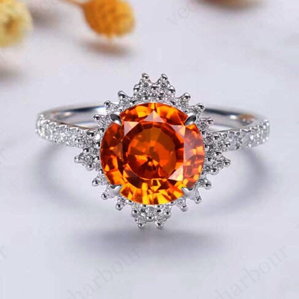 Bague de fiançailles avec halo de saphirs orange pour femme Bague de mariage art déco Bague avec pierres précieuses oranges en or 14 carats Bague de mariée en saphir orange, cadeau pour elle