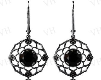 Vintage Black Onyx Earrings For Women 925 Silver Wedding Earrings Art Deco Lotus Style Earrings Dangle Drop Earrings Black Gemstone Earrings