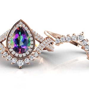 Mystic Topaz Engagement Ring Set Art Deco Mystic Topaz Wedding Ring Set Unique Topaz Promise Ring Set For Women Bio Color Gemstone Ring Set