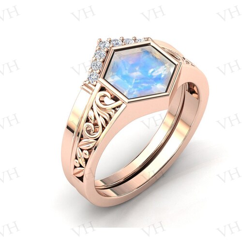 Hexagon Shaped Moonstone Engagement shops Ring Set Vintage Moonstone Wedding Ring Set Antique Filigree Engagement Ring Set Art Deco Bridal Set