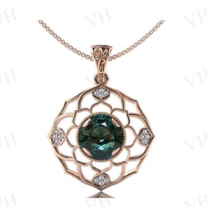 Color Changing Teal Sapphire Pendant For Women Art Deco Lotus Wedding Pendant Rose Gold Blue Sapphire Bridal Pendant Women Handmade Pendant