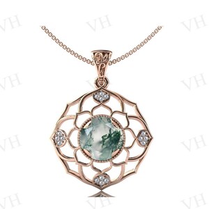 Antique Moss Agate Pendant For Women Art Deco Lotus Wedding Pendant 925 Sterling Silver Green Gemstone Pendant Anniversary Gift For Women