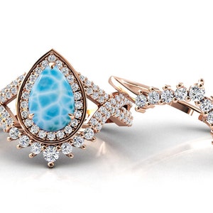 Unique Larimar Wedding Ring Set 925 Silver Larimar Engagement Ring Set Art Deco Bridal Ring Set 14k Gold Larimar Promise Ring Set For Women