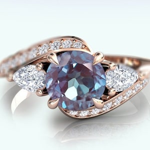 14k Rose Gold Alexandrite Engagement Ring Vintage Alexandrite Wedding Ring Unique Alexandrite Bridal Ring For Womem Anniversary Gift Ring