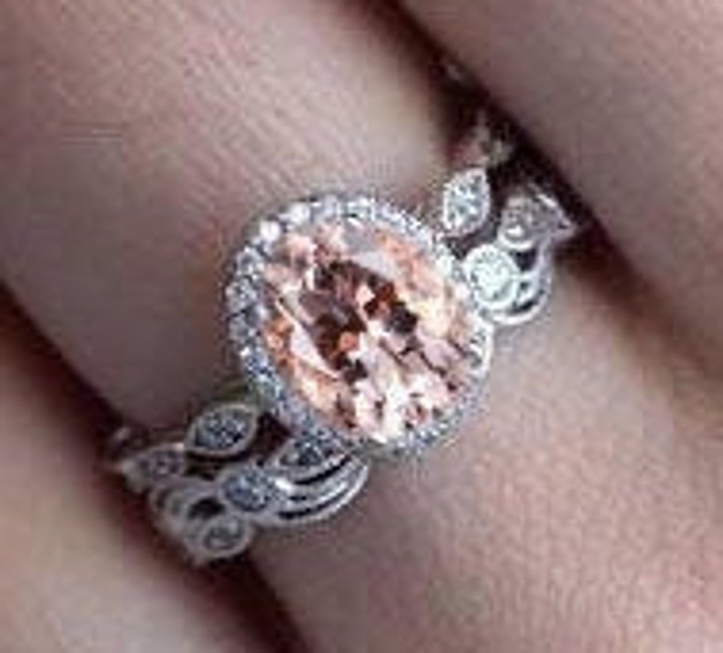Morganite Halo Engagement Ring Set Unique Art Deco Morganite Wedding Promise Ring Set 14k Gold Milgrain Style Bridal Anniversary Ring Set