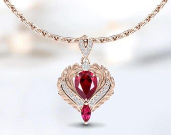 Wisiorek z rubinem w stylu art déco dla niej, unikatowy, filigranowy wzór, wisiorek ślubny z rubinem w kolorze złota 14k, antyczny wisiorek w stylu skrzydła, wisiorek z rubinowym kamieniem szlachetnym