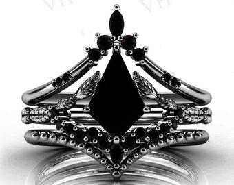 Kite Shaped Black Onyx Engagement Ring Set 925 Silver Antique Leaf Style Wedding Ring Set Art Deco Black Onyx 3 Pcs Bridal Promise Ring Set