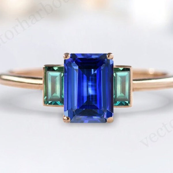 Vintage Tanzanite Engagement Ring For Women Emerald Cut Tanzanite Wedding Ring Unique Multi Gemstone Ring Art Deco Bridal Anniversary Ring