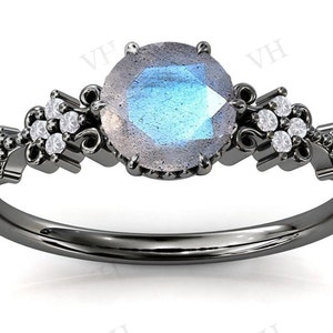 Labradorite Engagement Ring Vintage Blue Fire Labradorite Wedding Ring For Women Black Engagement Ring Art Deco Black Metal Engagement Ring