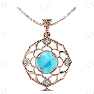 Unique Larimar Pendant Antique Lotus Style Pendant For Women Rose Gold Pendant Art Deco Larimar Wedding Necklace Larimar Gemstone Pendant