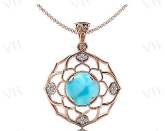 Unieke Larimar hanger antieke Lotus stijl hanger voor vrouwen Rose gouden hanger Art Deco Larimar bruiloft ketting Larimar edelsteen hanger