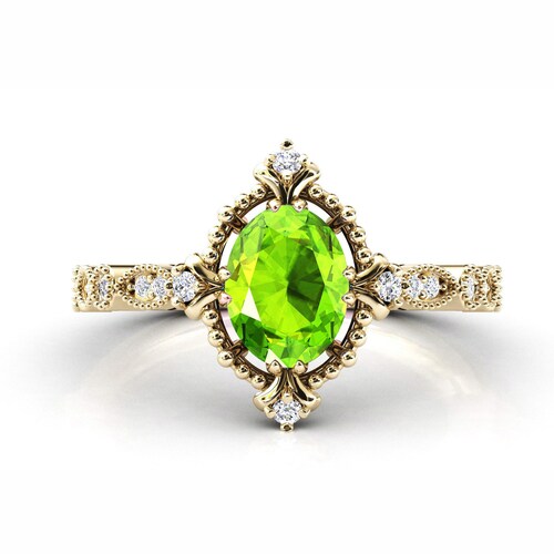 14k Gold Peridot Engagement Ring Vintage Peridot Wedding shops Ring Art Deco Peridot Bridal Anniversary Ring Natural Peridot Promise Ring For Her
