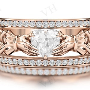 Antique White Topaz Wedding Ring For Women 14k Gold Art Deco Claddagh Style Wedding Ring Heart Shaped White Topaz Claddagh Engagement Ring