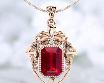 Emerald Cut Ruby Pendant For Women Antique Style Pendant Art Deco Leaf Wedding Necklace Vintage Ruby Gemstone Pendant Women Handmade Pendant