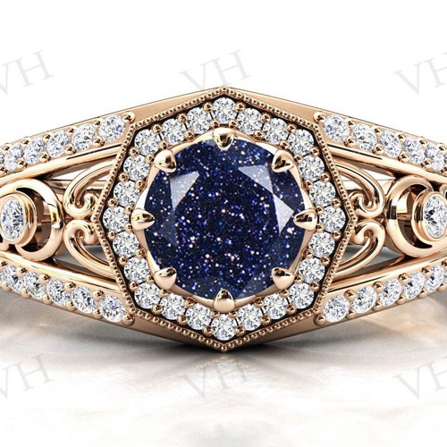 Shops Vintage Blue Sandstone Engagement Ring 14k Gold Art Deco Sandstone Wedding Ring Antique Filigree Bridal Anniversary Promise Ring For Women
