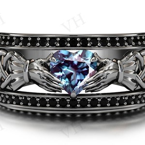 Heart Shaped Alexandrite Engagement Ring Art Deco Claddagh Style Ring 925 Silver Alexandrite Antique Bridal Ring Unique Wedding Band For Her