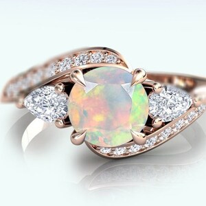 Art Deco Opal Engagement Ring 14k Rose Gold Opal Wedding Ring Antique Opal Bridal Ring Unique Opal Promise Ring For Women Anniversary Ring