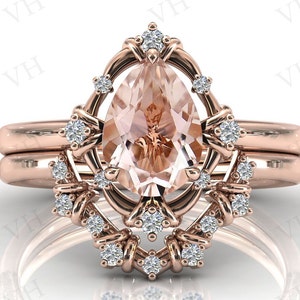 Antique Pear Shaped Morganite Engagement Ring Set Vintage Morganite Wedding Ring Set 14k Gold Art Deco 2 Piece Bridal Anniversary Ring Set