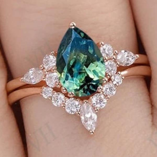 Vintage Teal Sapphire Engagement Ring Set Art Deco Teal Sapphire Wedding Ring Set 14k Gold Green Blue Sapphire Bridal Ring Set For Women