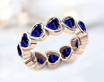 Blue Sapphire Band For Women Vintage Engagement Band Heart Shaped Blue Sapphire Wedding Band Full Eternity Band Unique Blue Gemstone Band